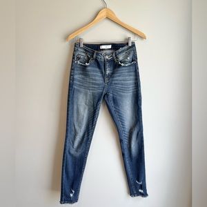 Kancan Medium Wash, Mildly Distressed Mid Rise Skinny Jeans